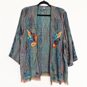 ANU Tapestry Woven Embroidered Fringe Open Jacket, L